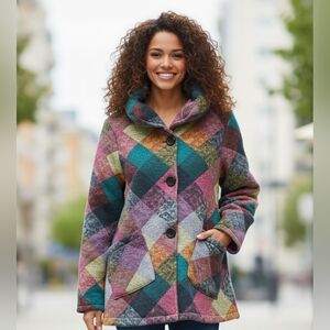 Damee Coat Jacket Women's Medium M Fleece Funky Wearable Art Patchwork Artsy